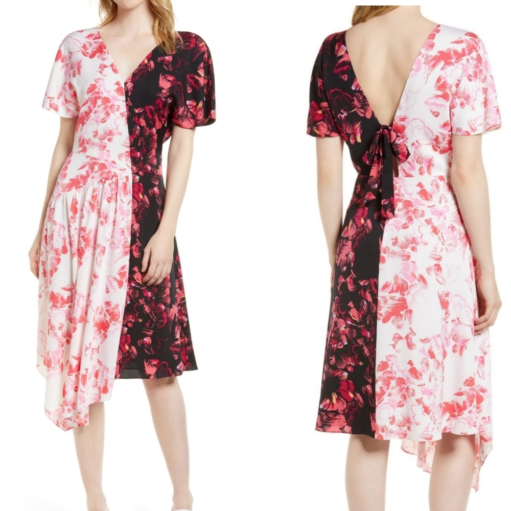 NEW Lewit Double Color Black And White Floral Print Silk Dress